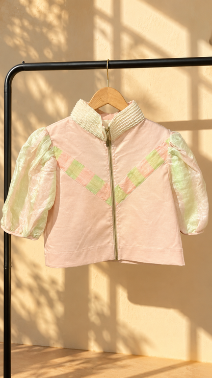 LIPAD TOP IN PEACH WITH ABACA PINA BARONG PUFFED SLEEVES AND PINA COLLAR
