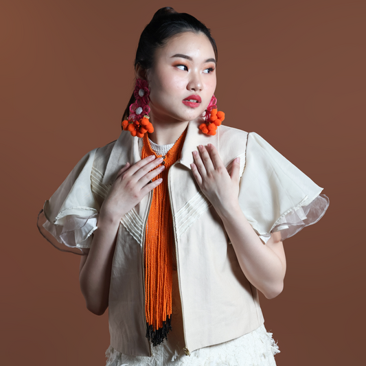 LIPAD JACKET WITH MALANDI SLEEVES IN CREAM AND RARE ABACA WEAVE