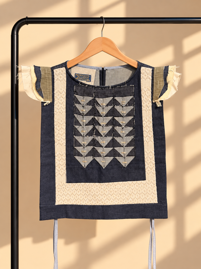 BIB IN DENIM WITH TRIANGLE ACCENT WITH BEADWORKS