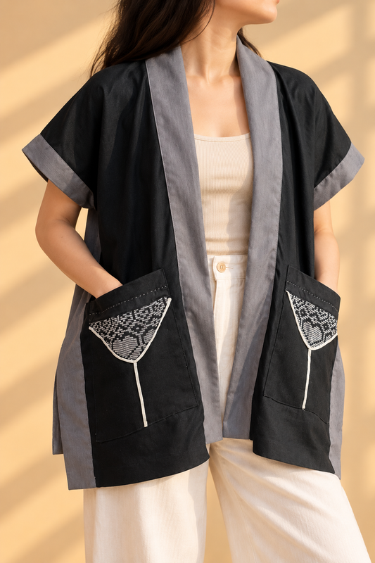 GLAMOROSA COVER UP IN BLACK LINEN WITH INAUL AND KALINGA