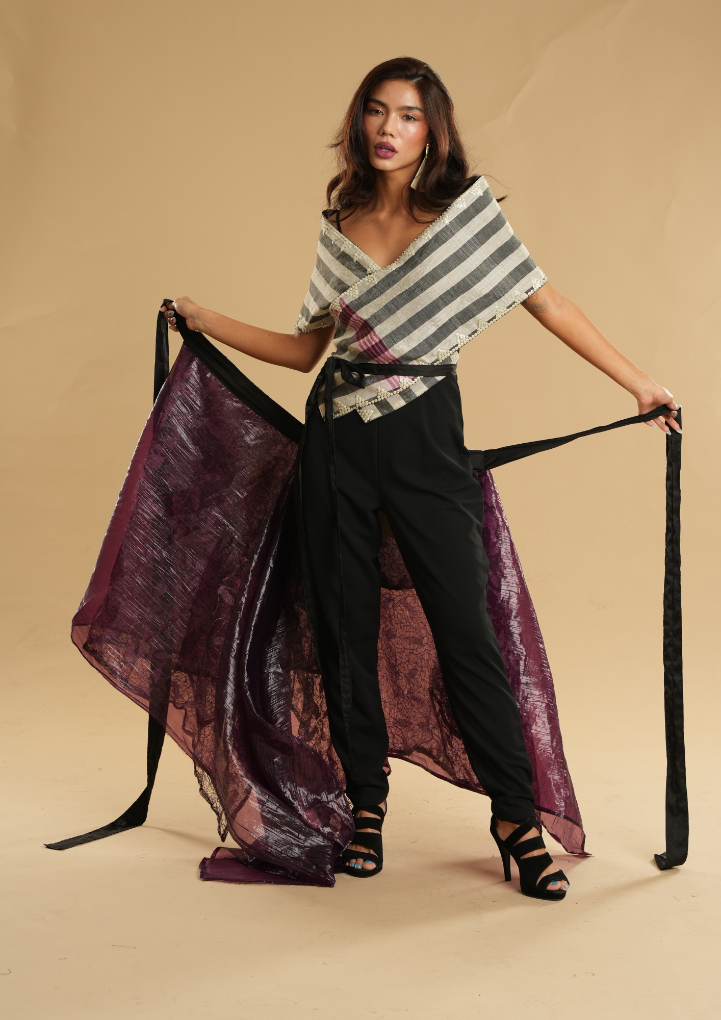 Modern Filipiniana Burgundy with Sibagat Abaca Stripes