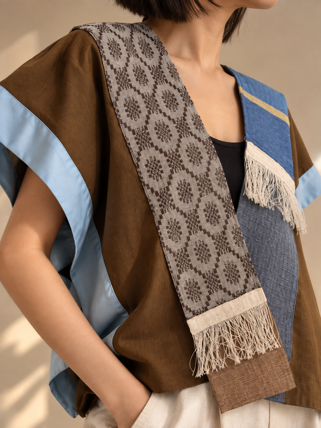 HERITAGE PONCHO IN CHOCO BROWN LINEN WITH MULTI KABANGKALAN AND KALINGA WEAVE