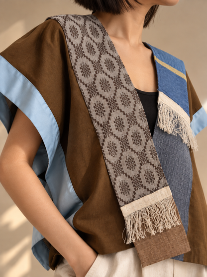 HERITAGE PONCHO IN CHOCO BROWN LINEN WITH MULTI KABANGKALAN AND KALINGA WEAVE