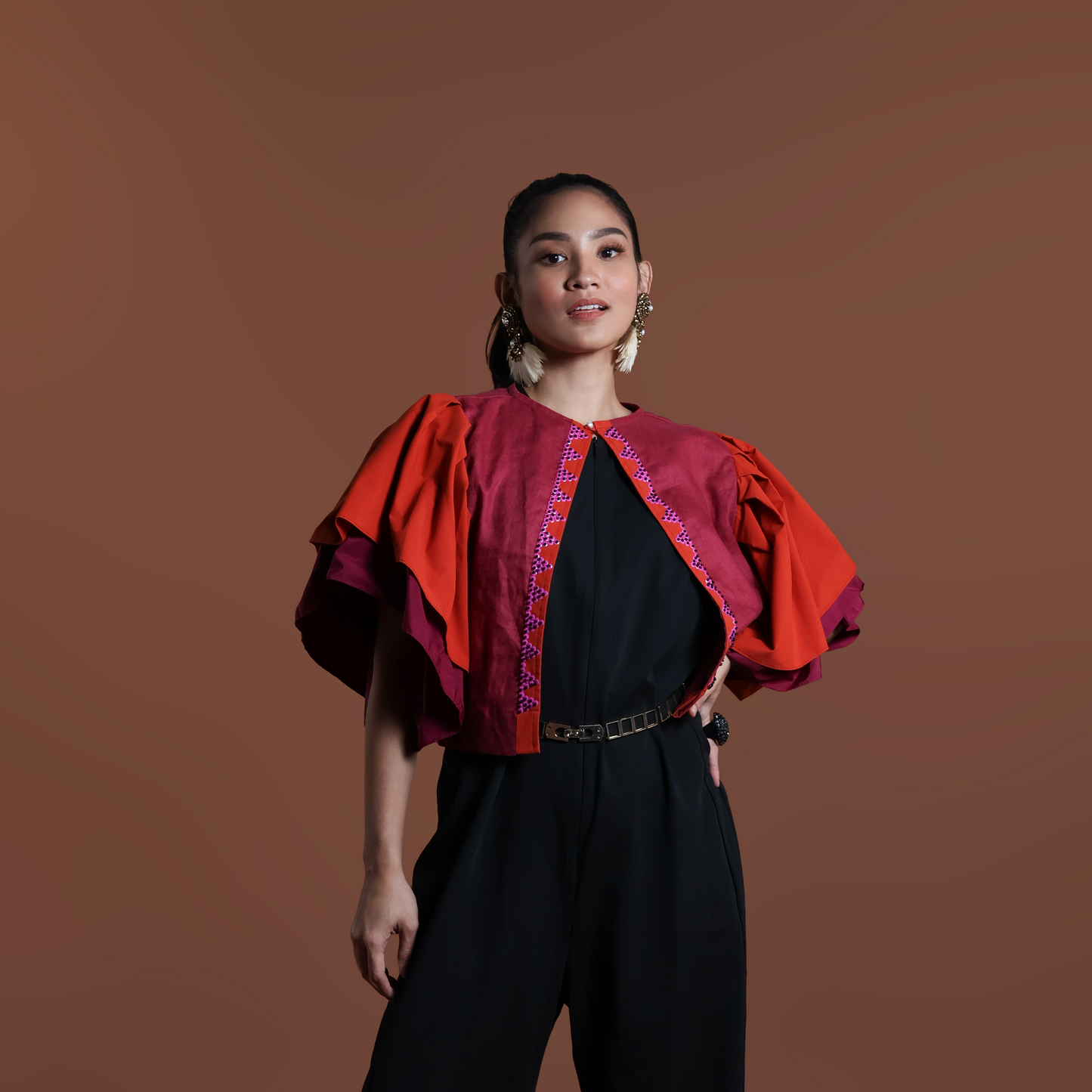 BUSILAK TOP IN RED ORANGE IN PURE LINEN WITH KALINGA EMBROIDERY