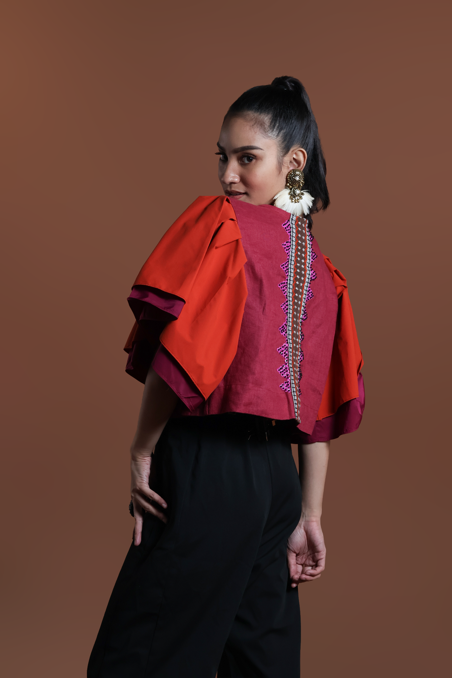 BUSILAK TOP IN RED ORANGE IN PURE LINEN WITH KALINGA EMBROIDERY