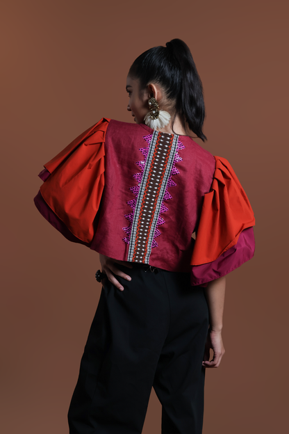 BUSILAK TOP IN RED ORANGE IN PURE LINEN WITH KALINGA EMBROIDERY