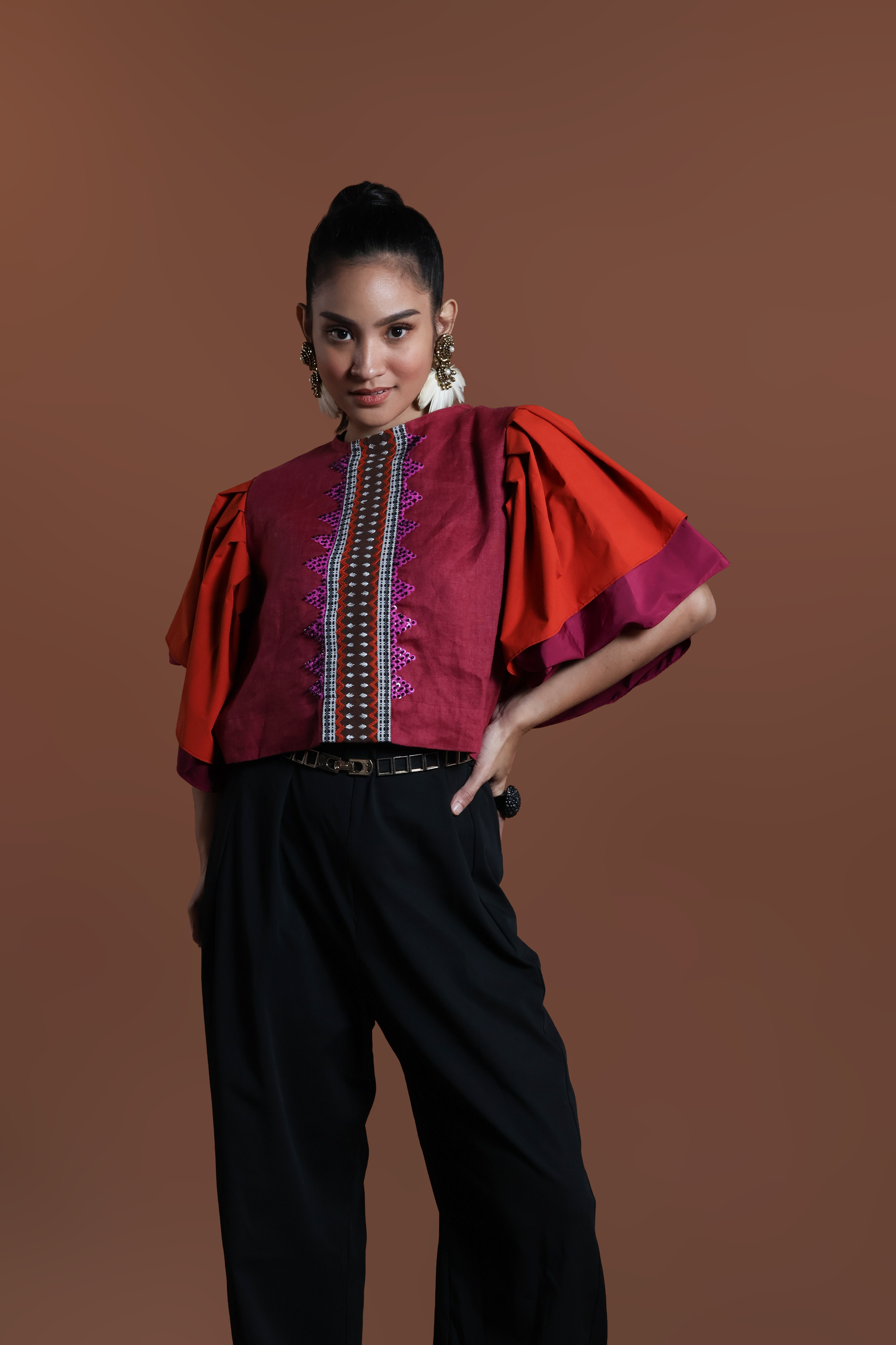 BUSILAK TOP IN RED ORANGE IN PURE LINEN WITH KALINGA EMBROIDERY