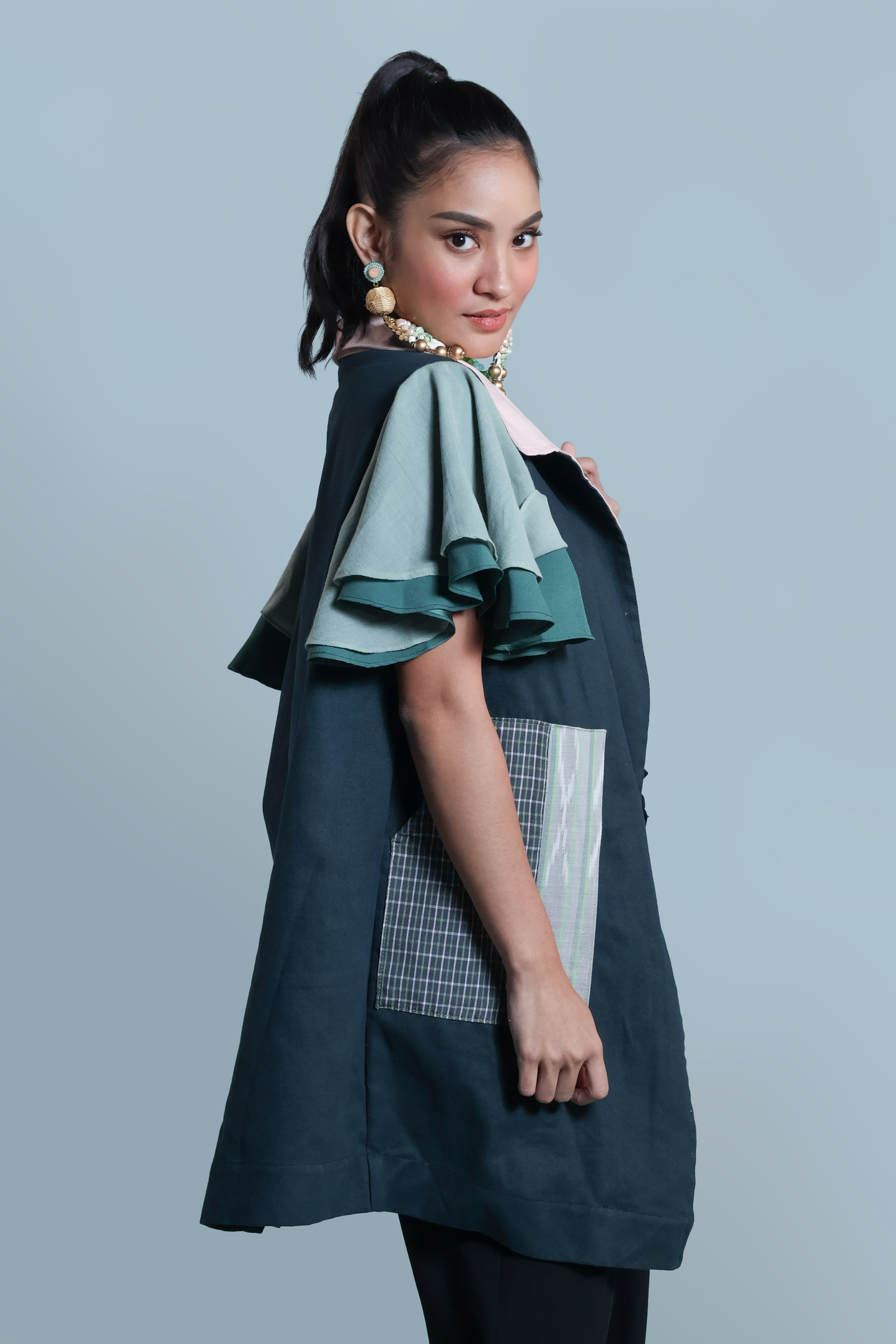 PANGANAY  TRENCH IN GREEN WITH IKAT AND HABLON WEAVE