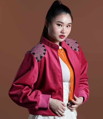 GLADIATOR JACKET IN PINK VELVET AND KABANKALAN WEAVE