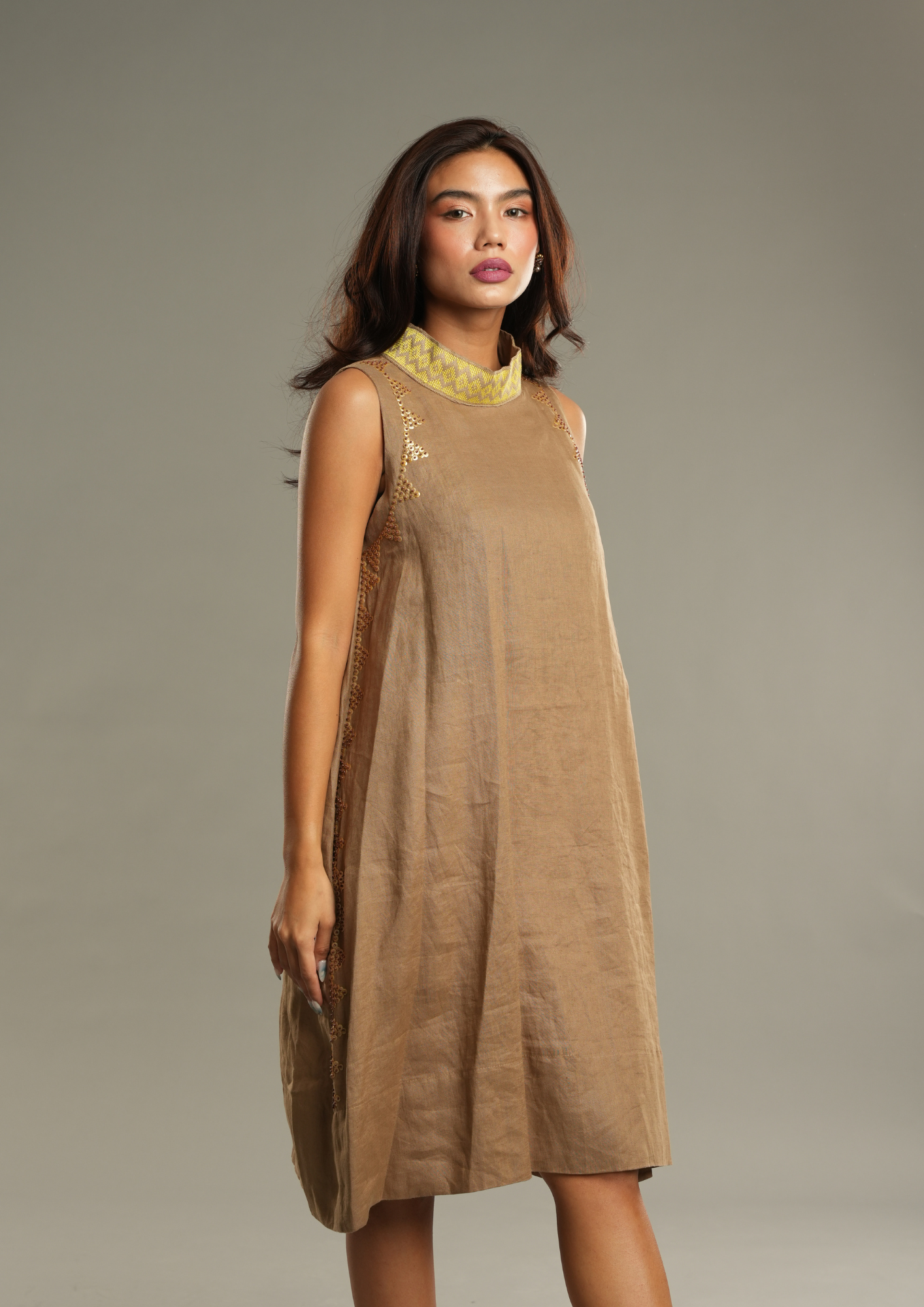 Magandang Hapon Linen Dress in Tan Brown with Langkit Weave of Marawi