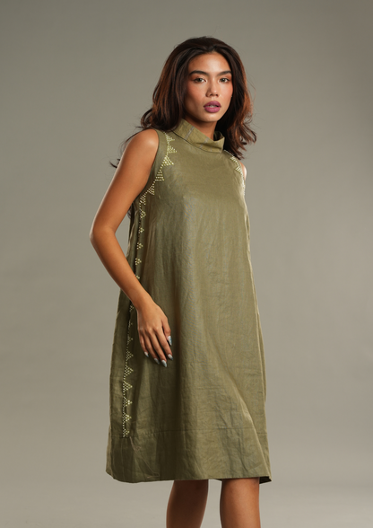 Magandang Tanghali in Light Olive Linen Dress with Deep Pockets