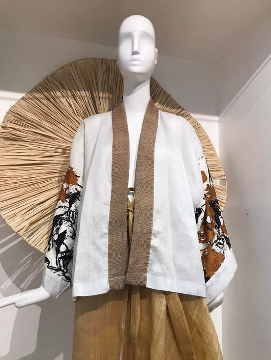 Samurai Poncho Binakol Collar in White Linen with Satin Printed Sleeves