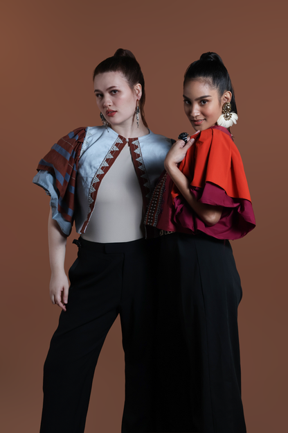 BUSILAK TOP IN RED ORANGE IN PURE LINEN WITH KALINGA EMBROIDERY