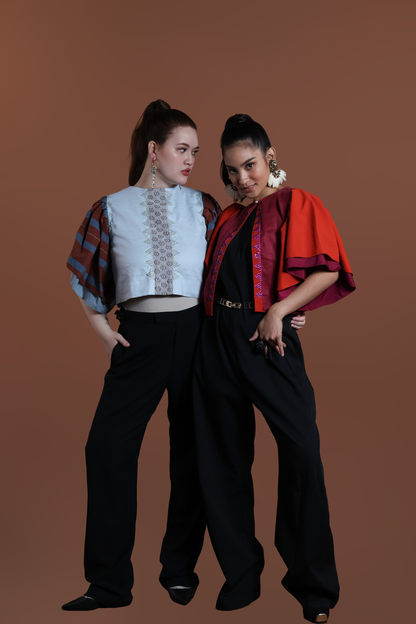 BUSILAK TOP IN RED ORANGE IN PURE LINEN WITH KALINGA EMBROIDERY