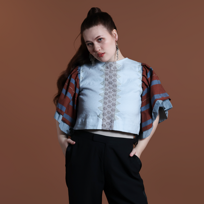 BLUSA TOP IN POWDER BLUE WITH KALINGA STRIPES