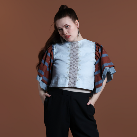 BLUSA TOP IN POWDER BLUE WITH KALINGA STRIPES