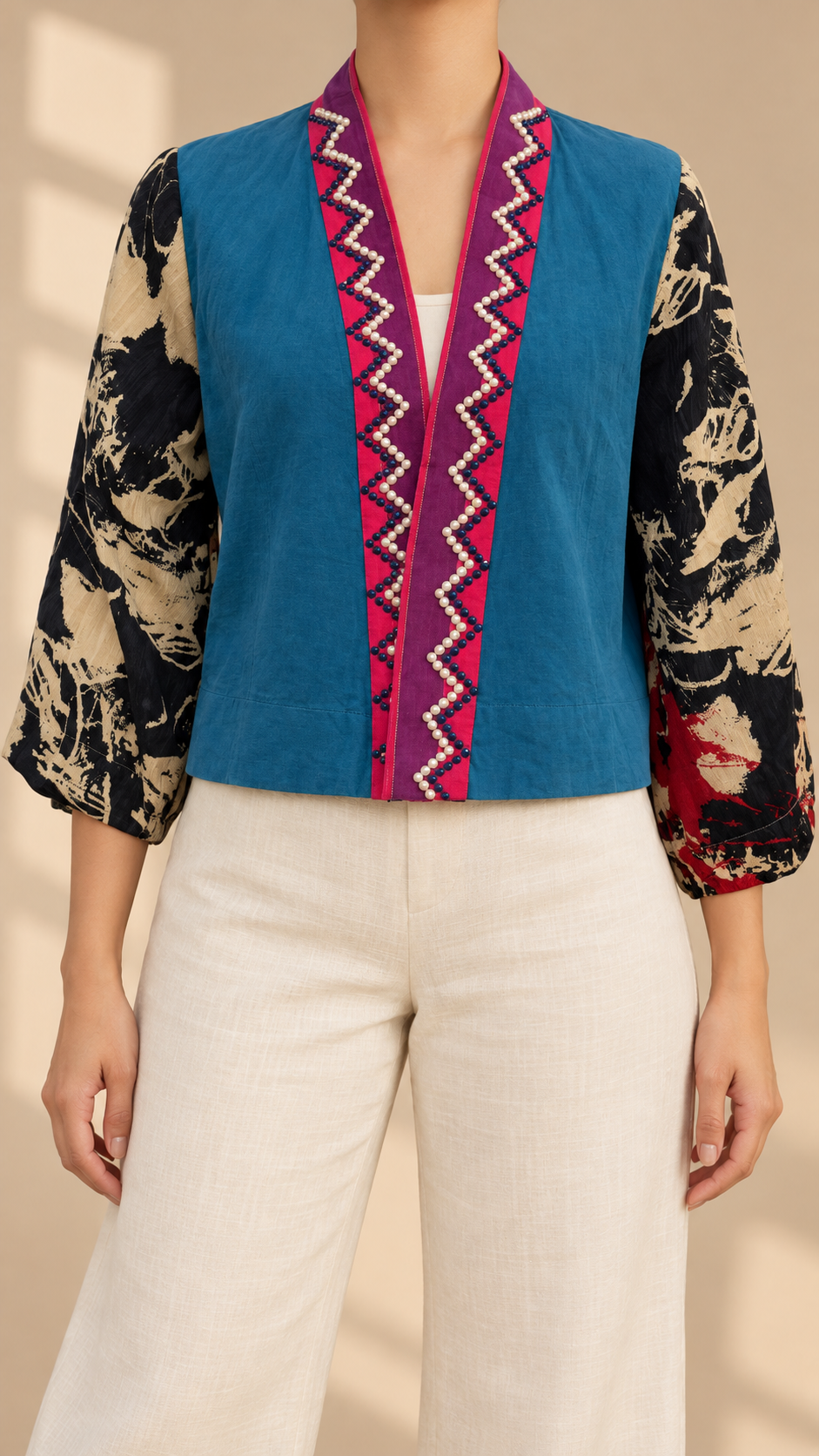 SAMURAI PONCHO IN BLUE SATIN WITH PINK KANTARINES COLLAR