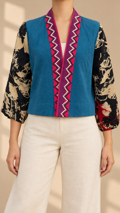 SAMURAI PONCHO IN BLUE SATIN WITH PINK KANTARINES COLLAR