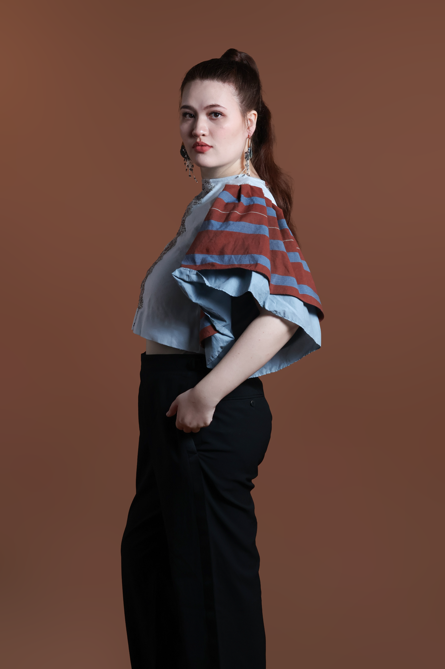 BLUSA TOP IN POWDER BLUE WITH KALINGA STRIPES