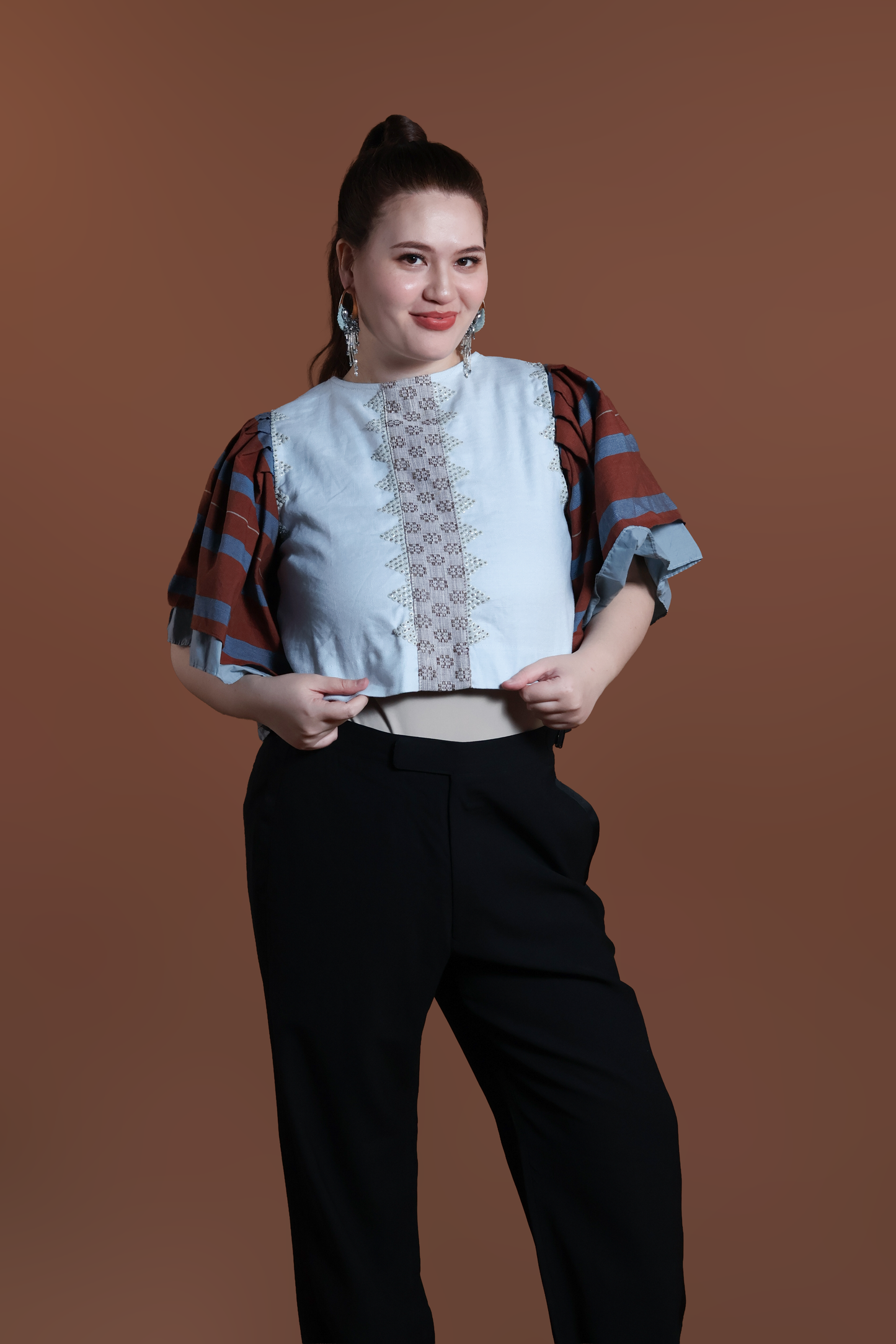 BLUSA TOP IN POWDER BLUE WITH KALINGA STRIPES