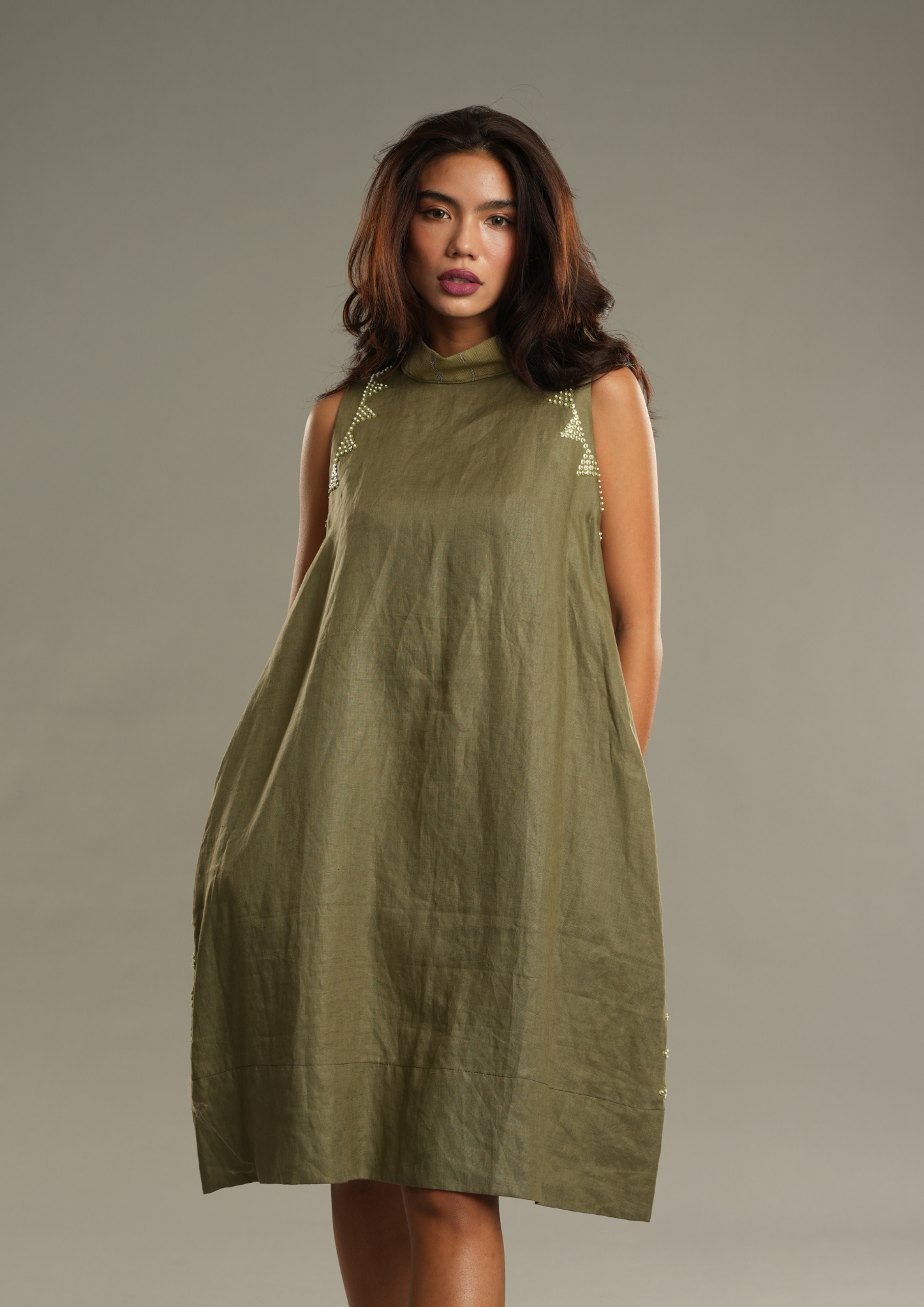 Magandang Tanghali in Light Olive Linen Dress with Deep Pockets