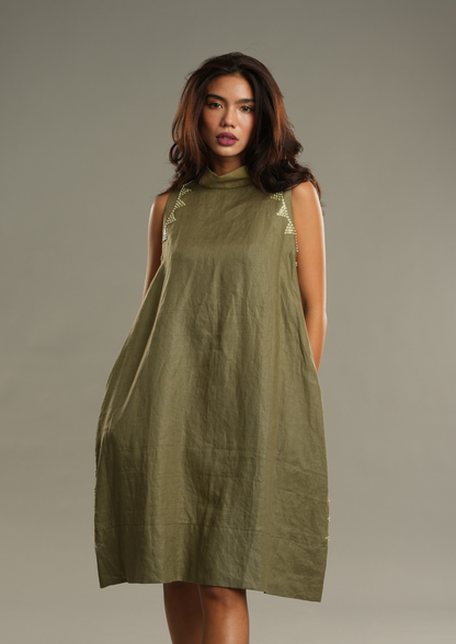 Magandang Tanghali in Light Olive Linen Dress with Deep Pockets