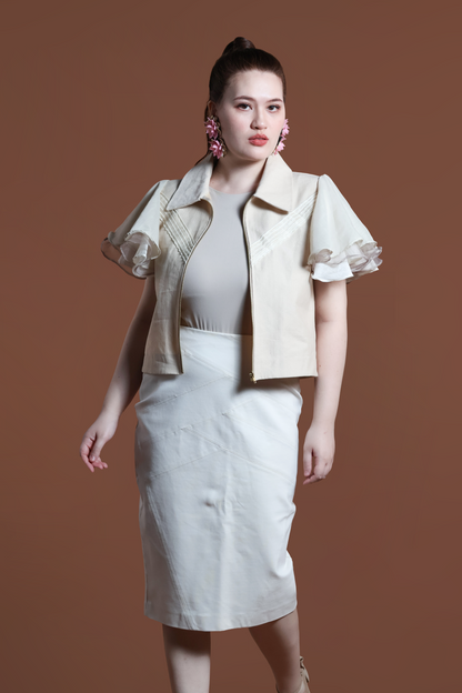 LIPAD JACKET WITH MALANDI SLEEVES IN CREAM AND RARE ABACA WEAVE