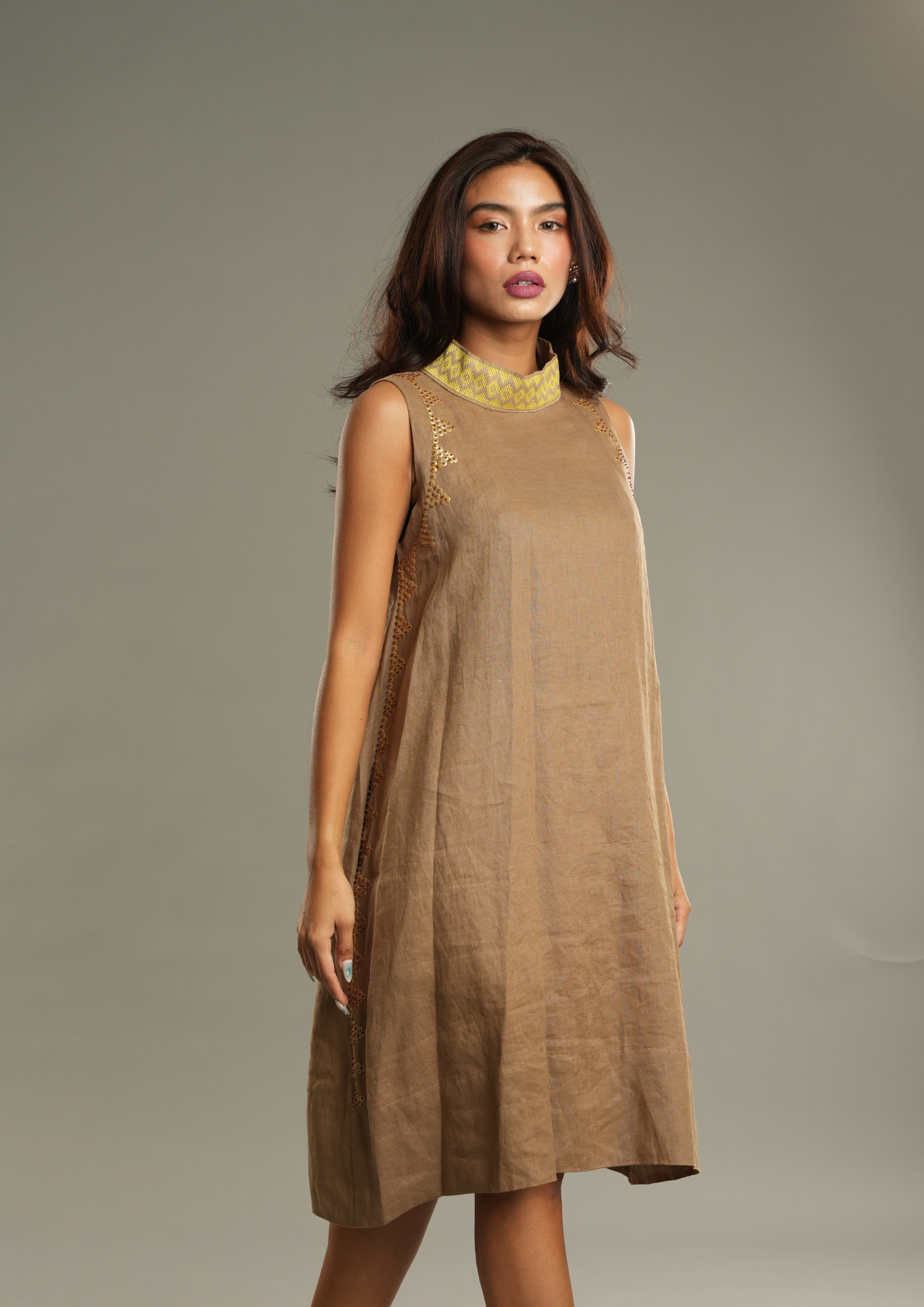 Magandang Hapon Linen Dress in Tan Brown with Langkit Weave of Marawi