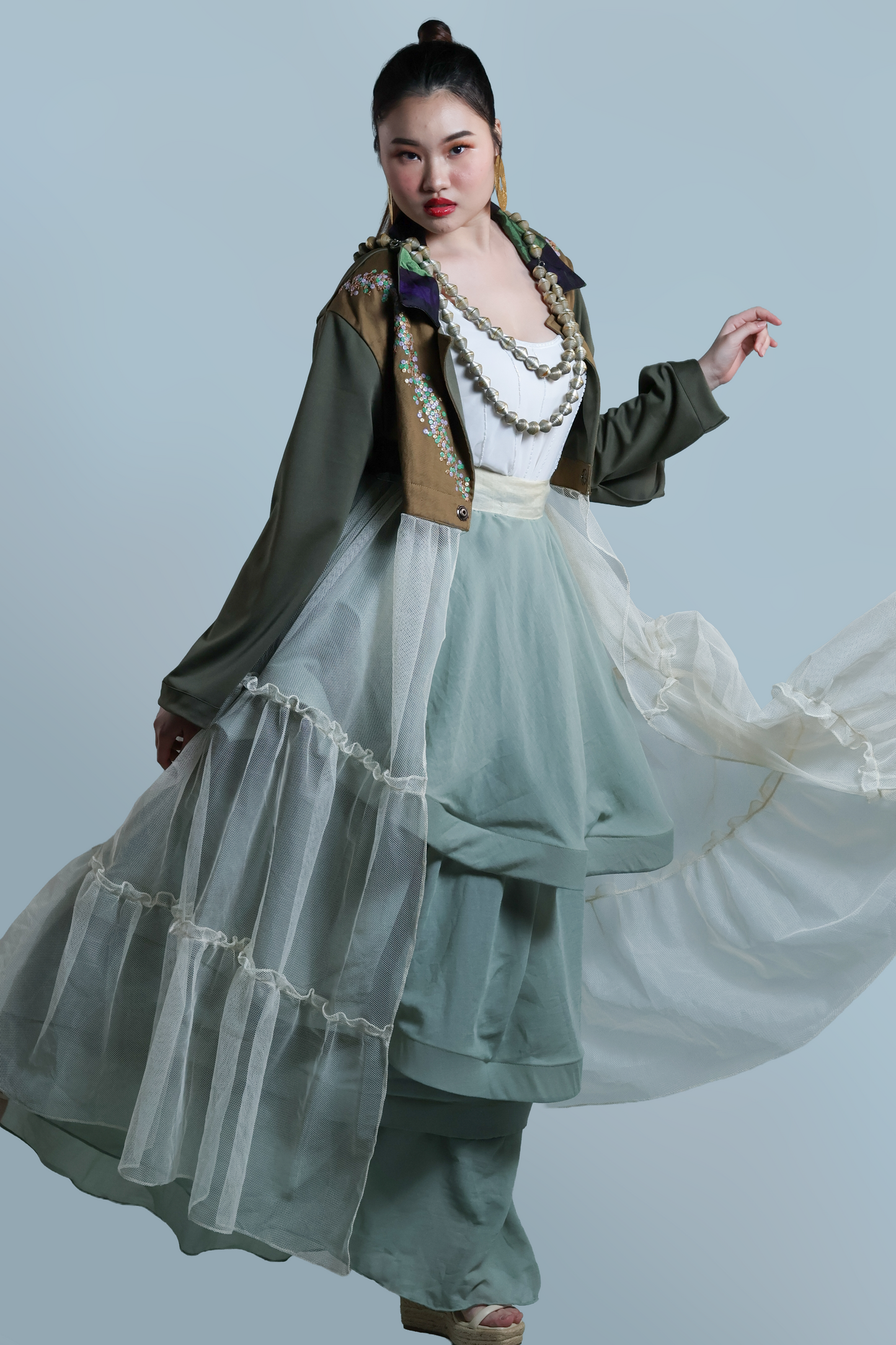GREEN INAUL CROP SEE THROUGH TRENCH COVER UP INAUL OF MAGUINDANAO WITH HANDBEADED
