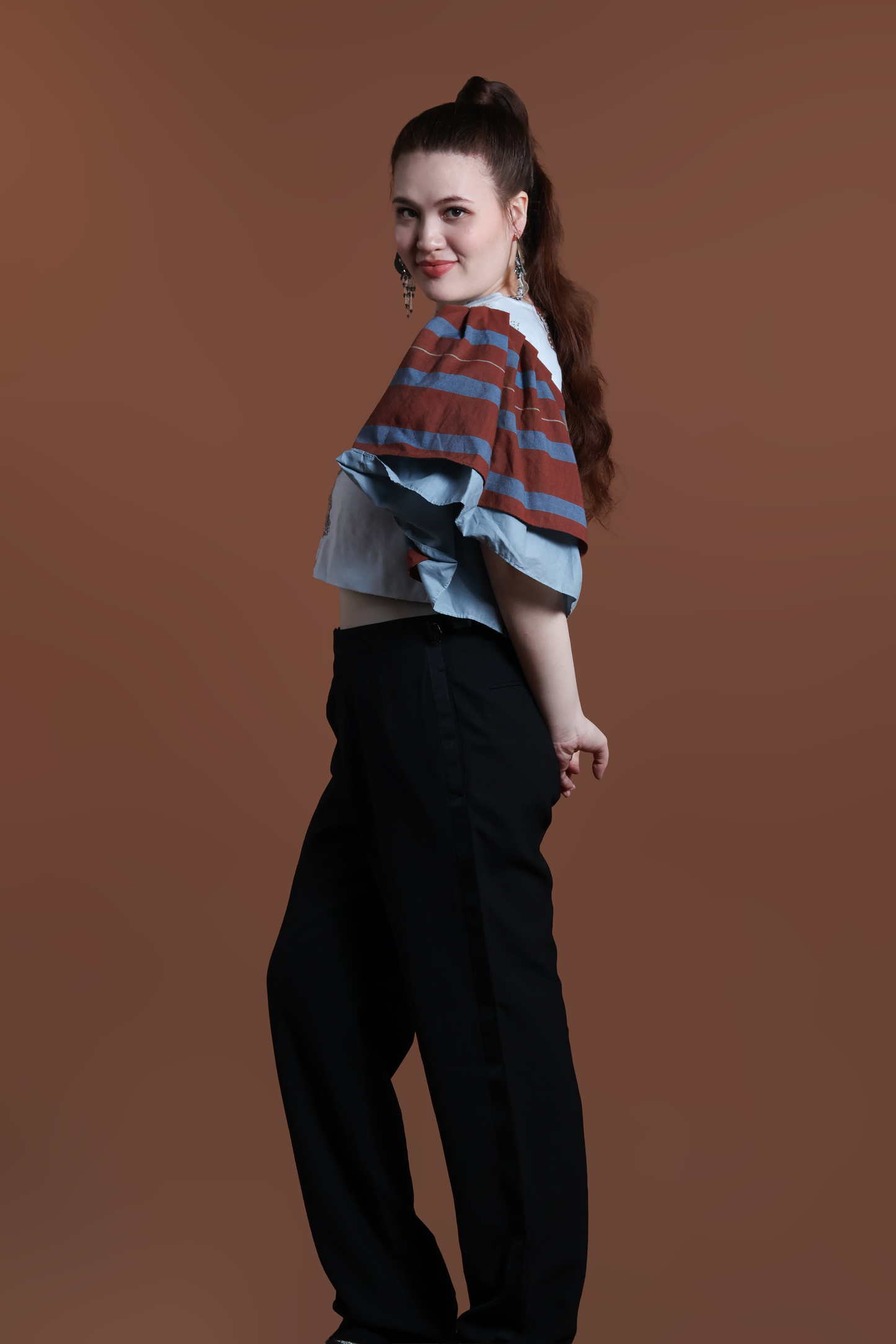 BLUSA TOP IN POWDER BLUE WITH KALINGA STRIPES