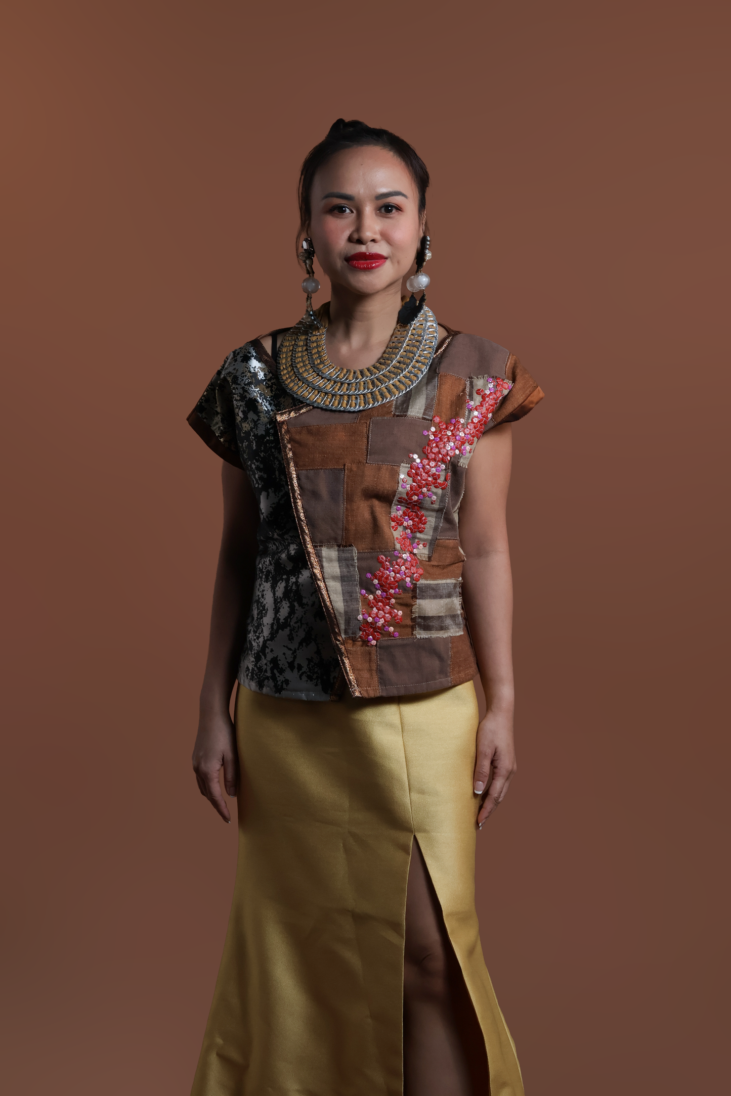 PROTEKTADO TOP IN  BROWN SIBAGAT WEAVE WITH BEADWORKS