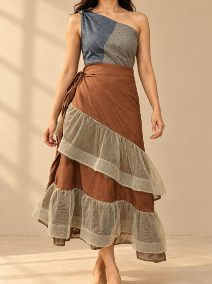 BIRTHDAY CAKE SKIRT IN BROWN LINEN