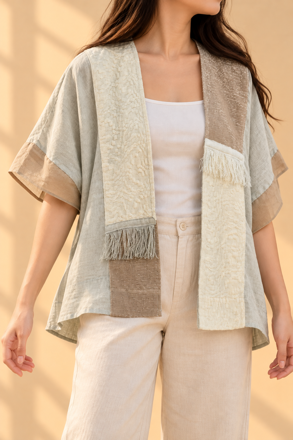 HERITAGE PONCHO IN OATMEAL LINEN WITH 100% COTTON KABANGKALAN WEAVE