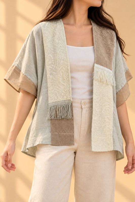 HERITAGE PONCHO IN OATMEAL LINEN WITH 100% COTTON KABANGKALAN WEAVE