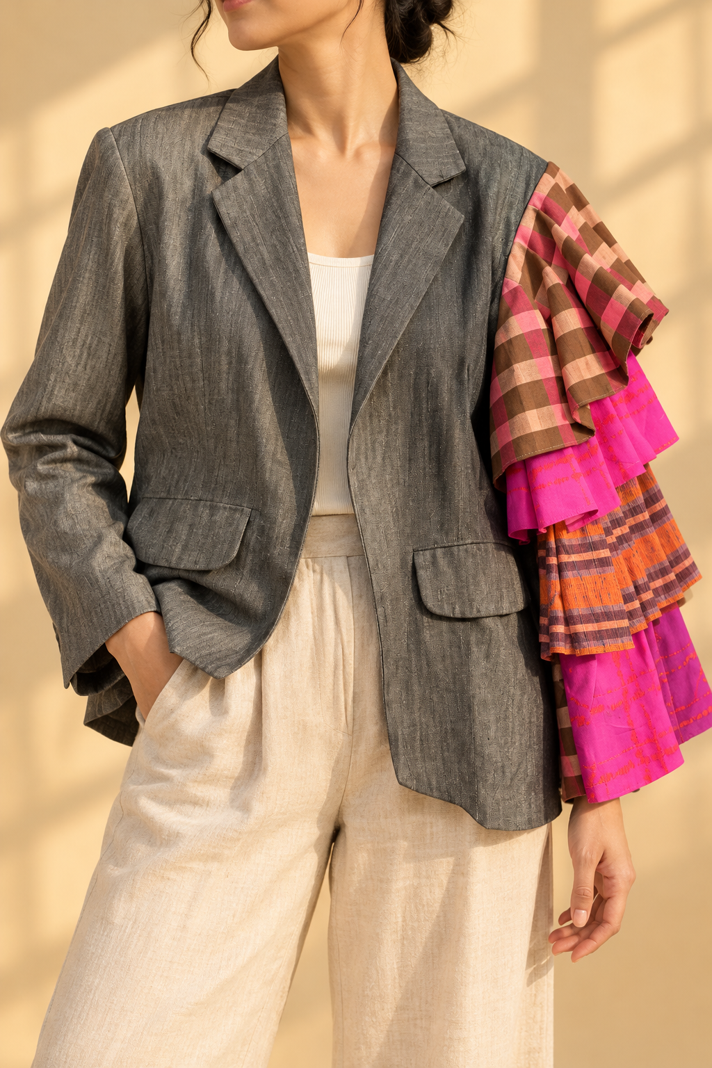 KALADKARIN BLACK BLAZER IN DENIM WITH RUFFLED SLEEVES AND KANTARINES