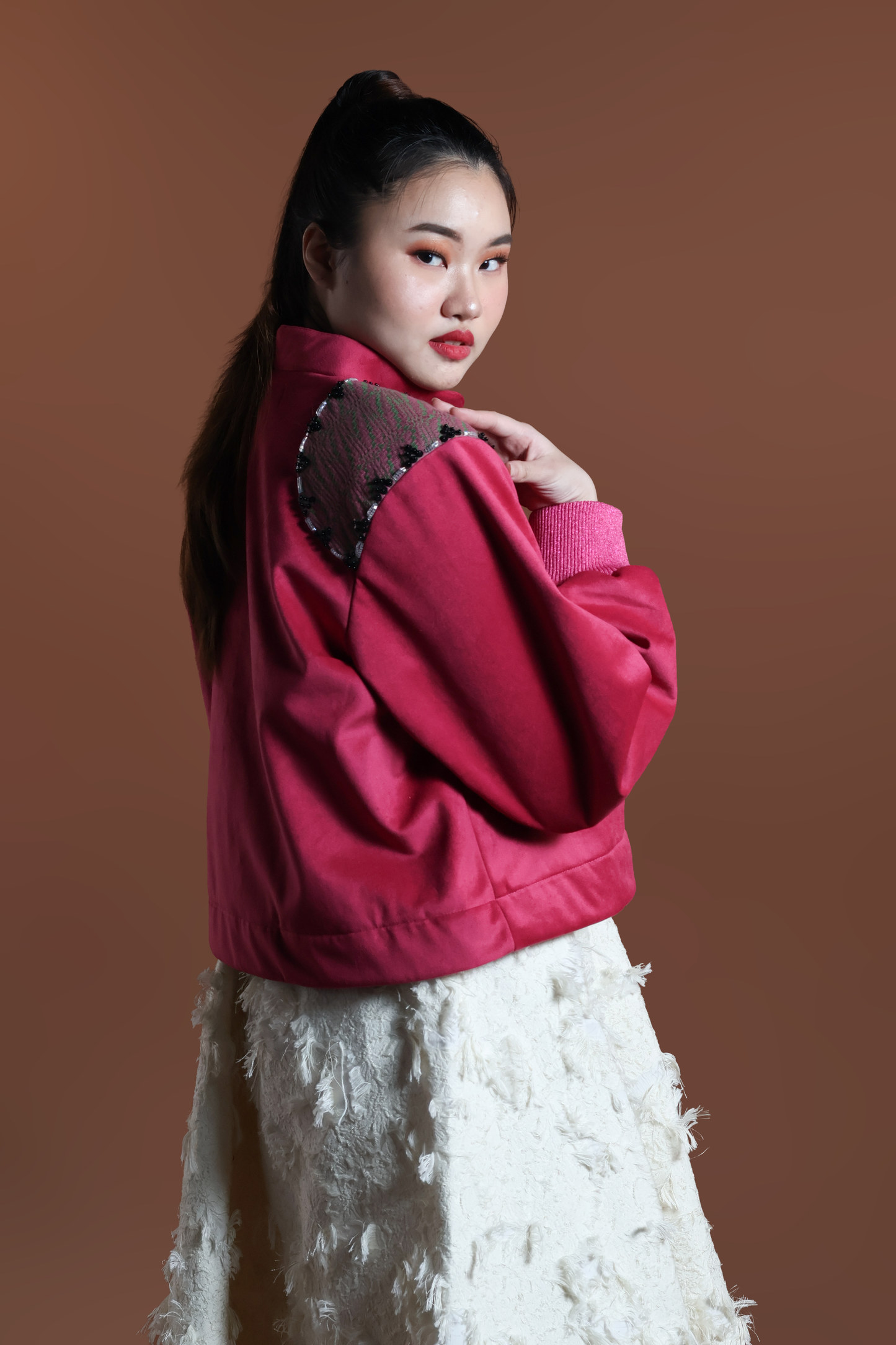 GLADIATOR JACKET IN PINK VELVET AND KABANKALAN WEAVE