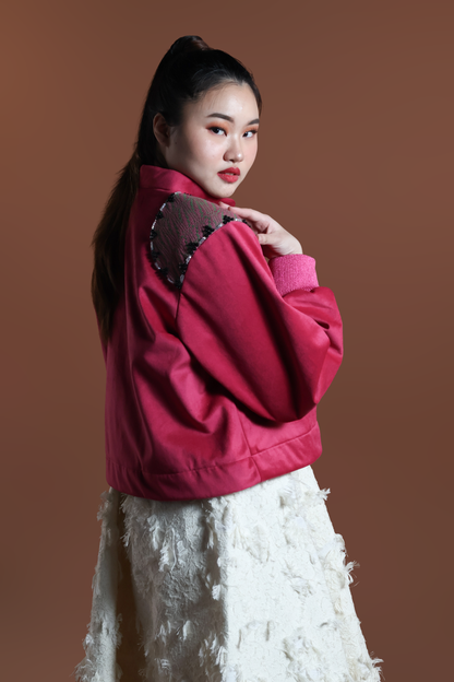 GLADIATOR JACKET IN PINK VELVET AND KABANKALAN WEAVE