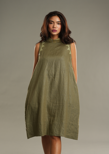 Magandang Tanghali in Light Olive Linen Dress with Deep Pockets