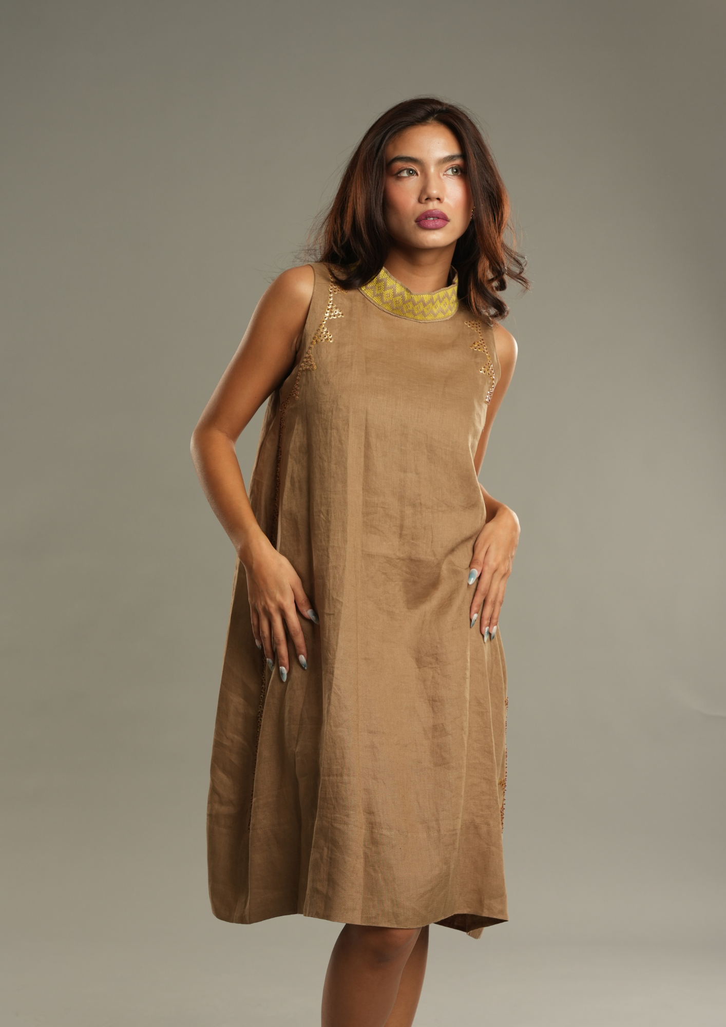 Magandang Hapon Linen Dress in Tan Brown with Langkit Weave of Marawi