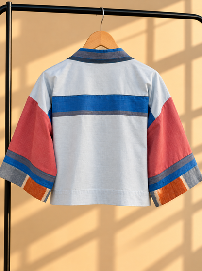 CROP KIMONO IN RED LIGHT BLUE WITH BLUE STRIPES KANTARINES COLLAR