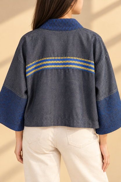 CROP KIMONO IN DENIM BLUE WITH KUNDIMAN AND BEADWORKS