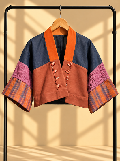 CROP KIMONO IN DENIM BLUE RED ORANGE WITH KANTARINES AND KABANGKALAN