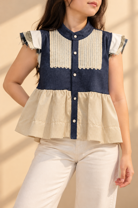 ITINAKDA TOP IN DENIM WITH COTTON ABACA