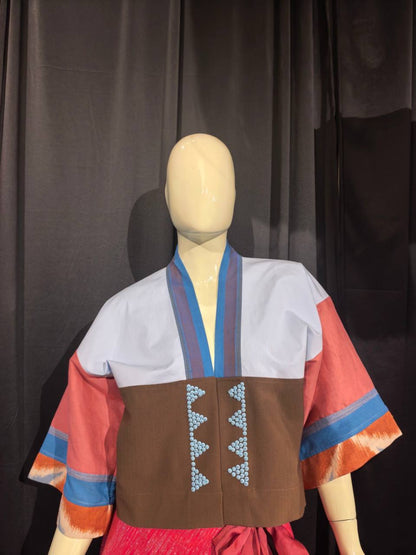 CROP KIMONO IN RED LIGHT BLUE WITH BLUE STRIPES KANTARINES COLLAR