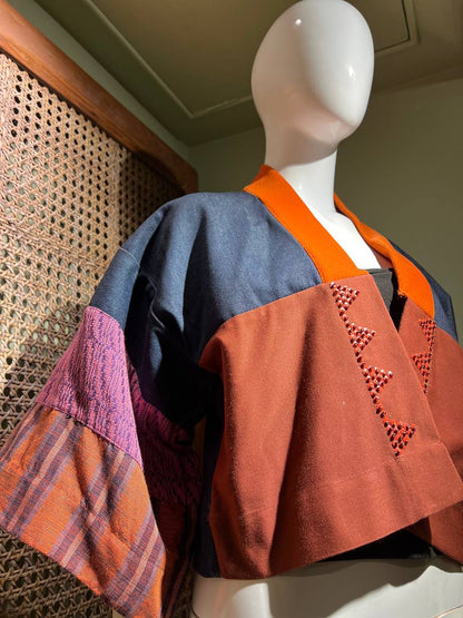 CROP KIMONO IN DENIM BLUE RED ORANGE WITH KANTARINES AND KABANGKALAN