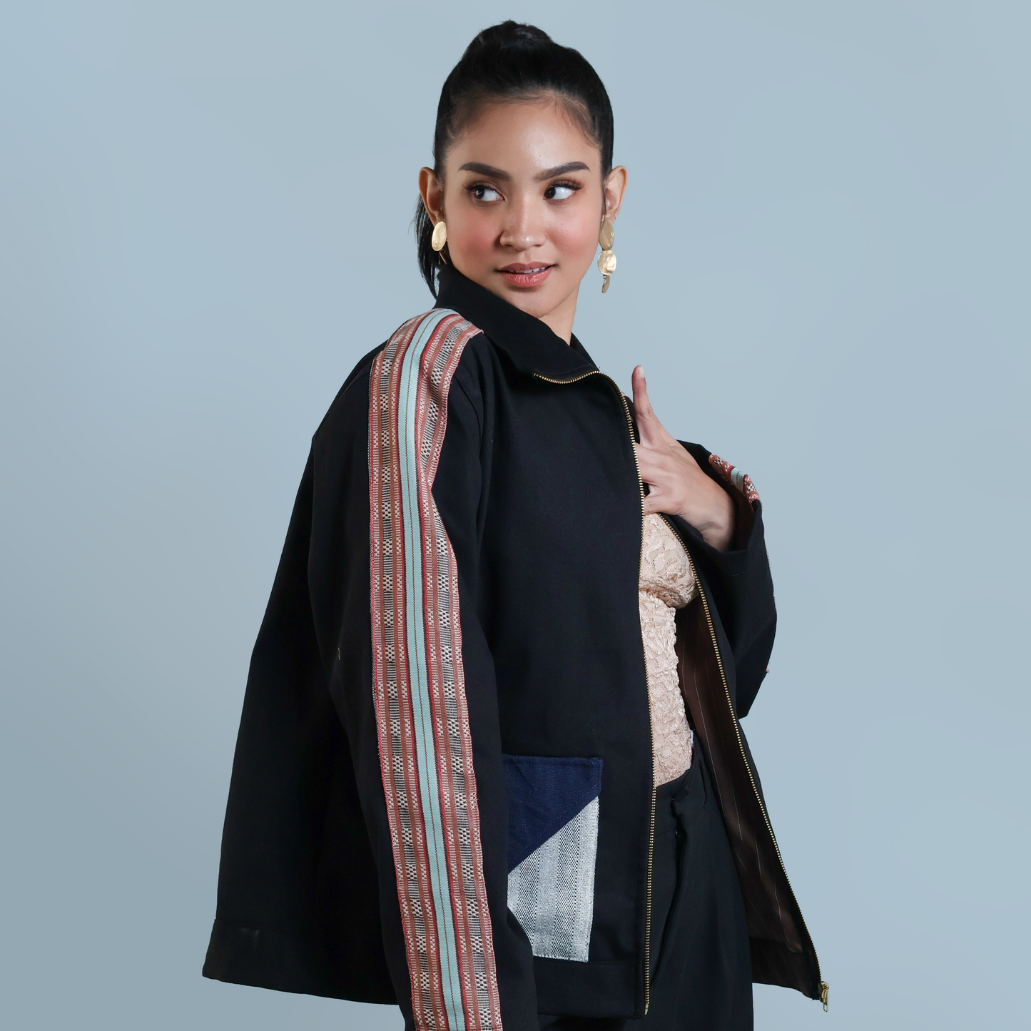 MATIPUNO UNISEX DENIM JACKET WITH KALINGA AND KABANGKALAN WEAVE