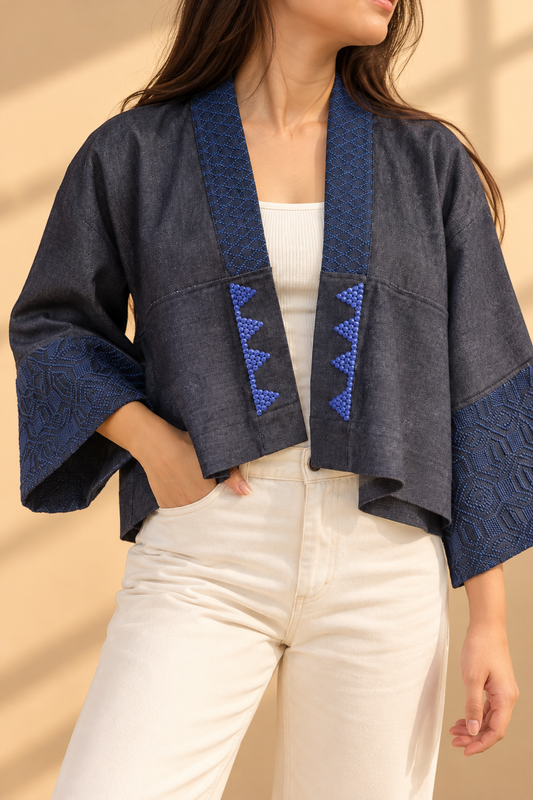 CROP KIMONO IN DENIM BLUE WITH KUNDIMAN AND BEADWORKS