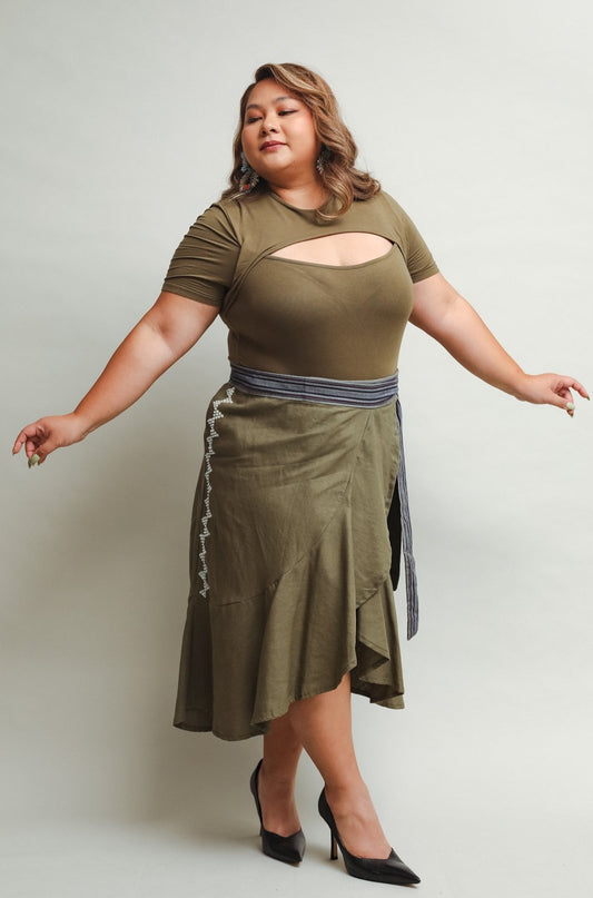 Tanghali Linen Wrap Skirt with Kantarines Brown in Olive Green Linen