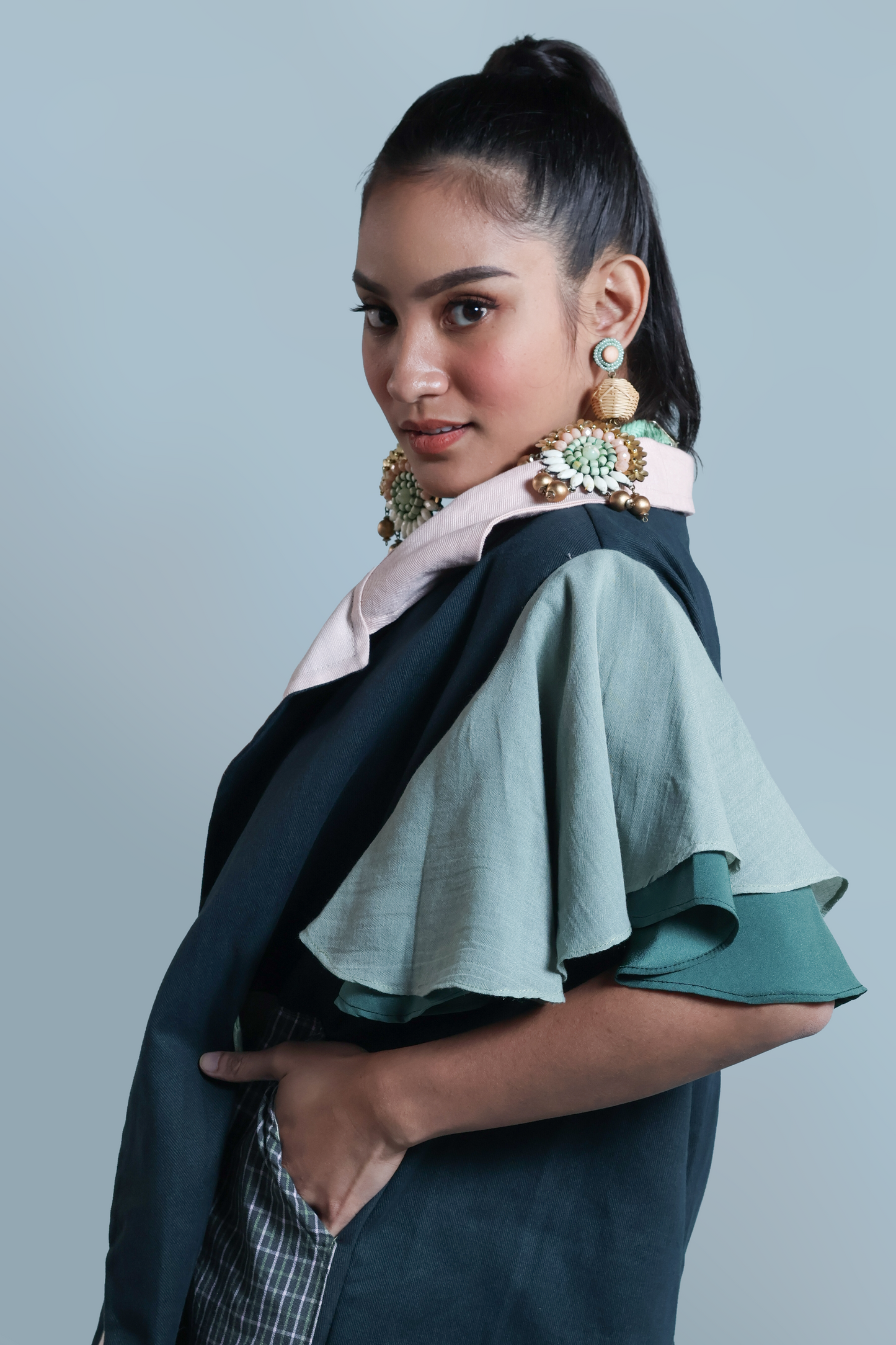 PANGANAY  TRENCH IN GREEN WITH IKAT AND HABLON WEAVE