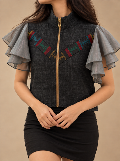 LIPAD TOP IN BLACK DENIM WITH RARE YAKAN